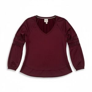 Knox Rose Burgundy V-Neck Lace Sleeve Top Size M Boho Long Sleeve Blouse EUC